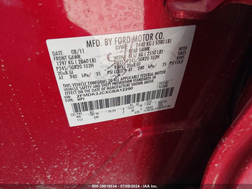 2012 Ford Edge Sel VIN: 2FMDK3JCXCBA12290 Lot: 39818834