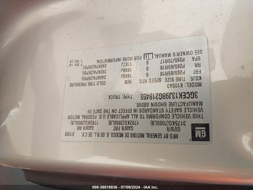 2008 Chevrolet Silverado 1500 Lt1 VIN: 3GCEK13J98G218455 Lot: 39818836