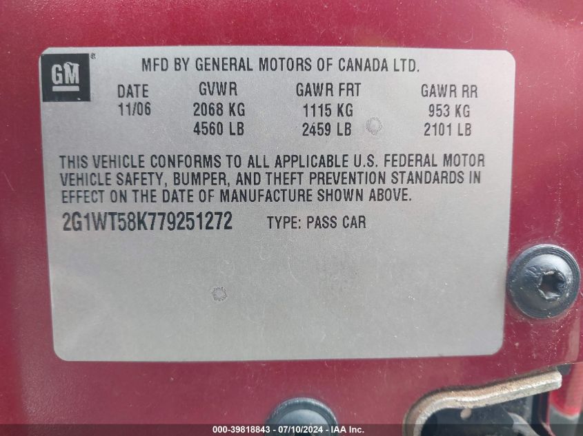 2007 Chevrolet Impala Lt VIN: 2G1WT58K779251272 Lot: 39818843
