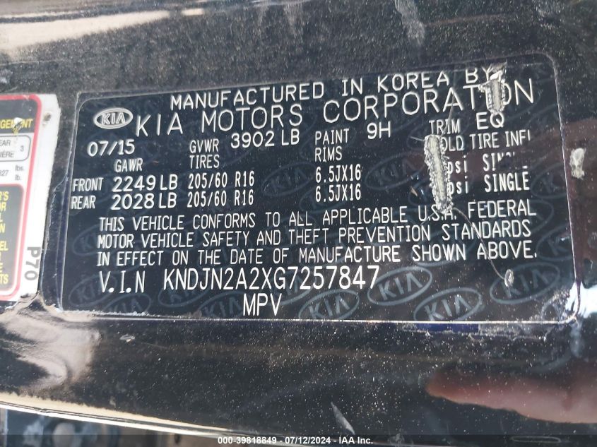 2016 Kia Soul VIN: KNDJN2A2XG7257847 Lot: 39818849