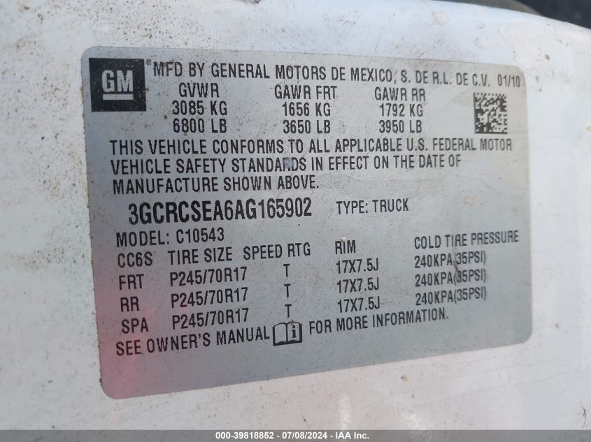 2010 Chevrolet Silverado 1500 Lt VIN: 3GCRCSEA6AG165902 Lot: 39818852