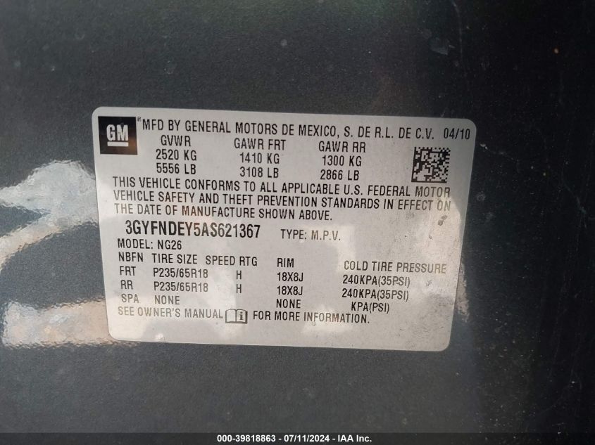 2010 Cadillac Srx Luxury Collection VIN: 3GYFNDEY5AS621367 Lot: 39818863