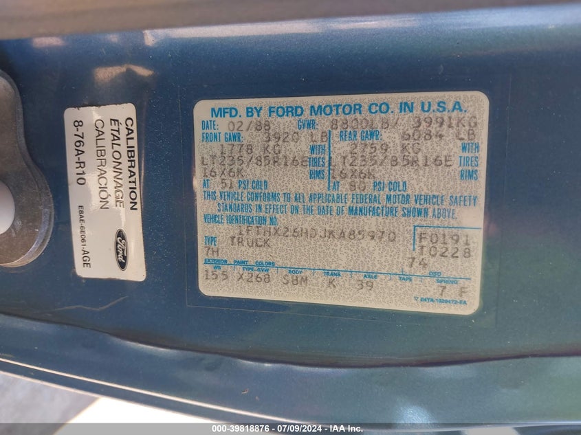 1988 Ford F250 VIN: 1FTHX26H0JKA85970 Lot: 39818876