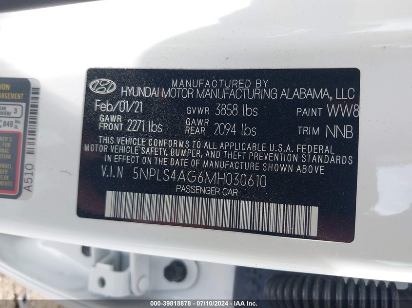 VIN 5NPLS4AG6MH030610 2021 HYUNDAI ELANTRA SEL