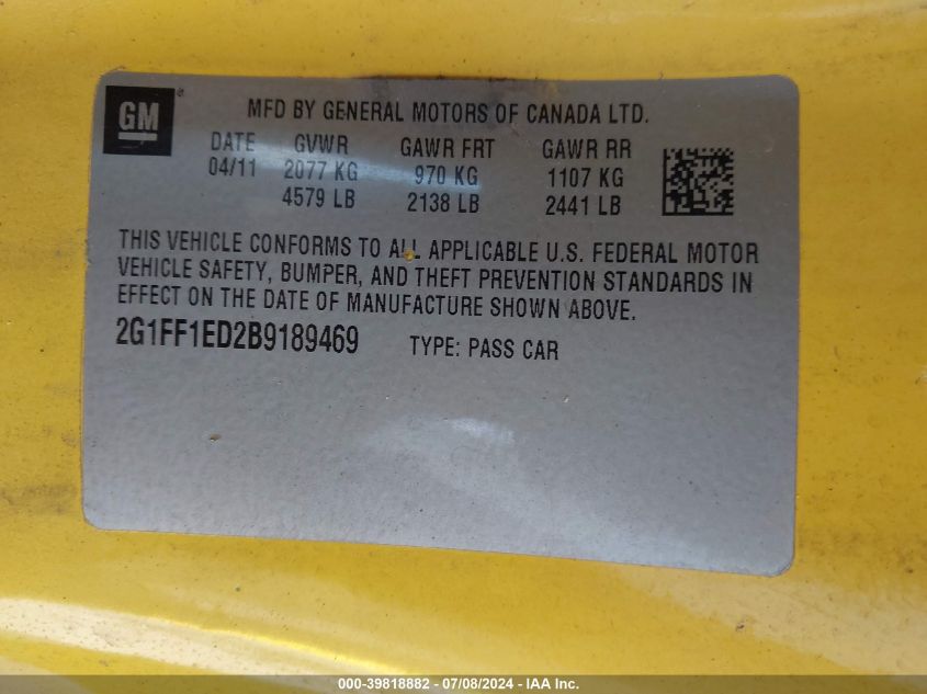 2011 Chevrolet Camaro 1Lt VIN: 2G1FF1ED2B9189469 Lot: 39818882