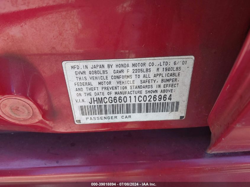 2001 Honda Accord Ex VIN: JHMCG66011C026964 Lot: 39818894