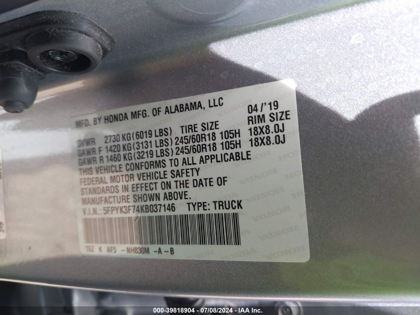 2019 HONDA RIDGELINE RTL-E - 5FPYK3F74KB037146