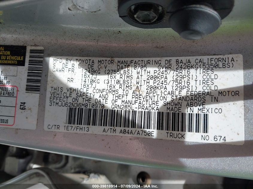 2006 Toyota Tacoma Prerunner V6 VIN: 3TMJU62N36M010970 Lot: 39818914