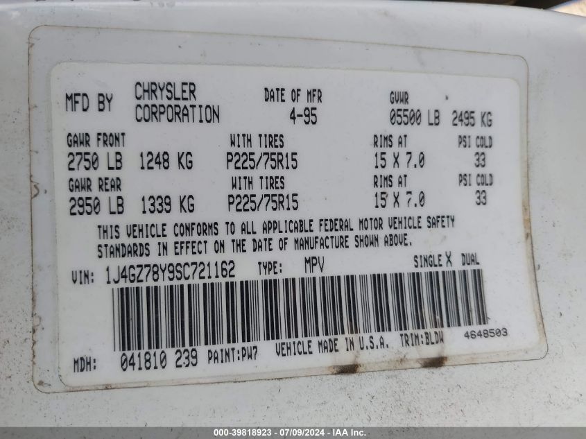 1995 Jeep Grand Cherokee Limited/Orvis VIN: 1J4GZ78Y9SC721162 Lot: 39818923