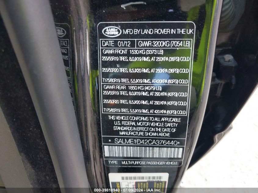 2012 Land Rover Range Rover Hse VIN: SALME1D42CA376440 Lot: 39818940