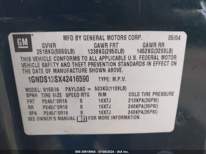 2004 Chevrolet Trailblazer Ls VIN: 1GNDS13SX42416590 Lot: 39818944