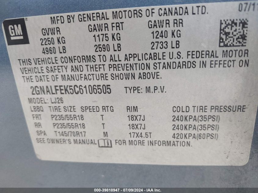 2012 Chevrolet Equinox Ltz VIN: 2GNALFEK5C6106505 Lot: 39818947