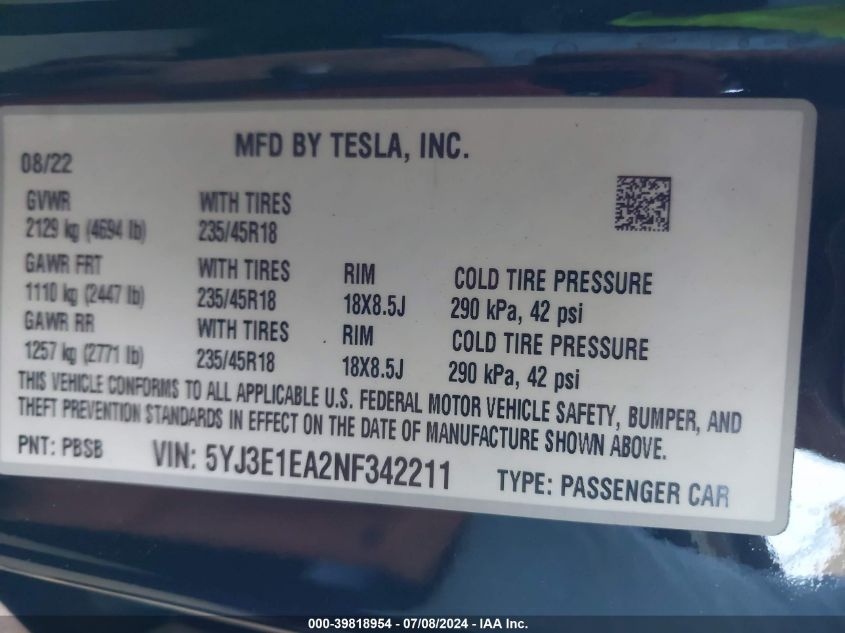 2022 Tesla Model 3 VIN: 5YJ3E1EA2NF342211 Lot: 39818954