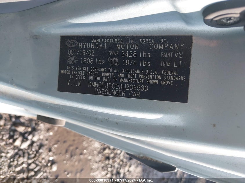 2003 Hyundai Accent L VIN: KMHCF35C03U236530 Lot: 39818971