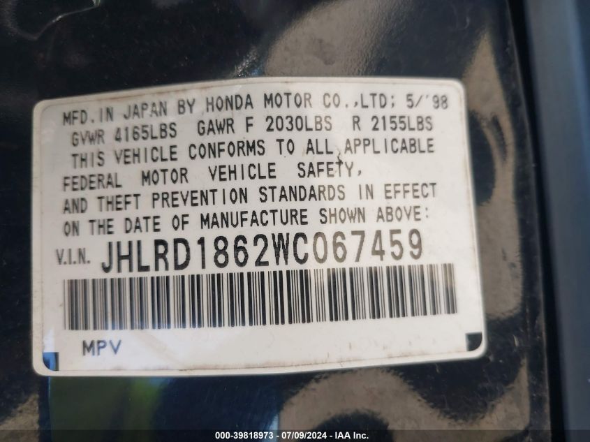 1998 Honda Cr-V Ex VIN: JHLRD1862WC067459 Lot: 39818973