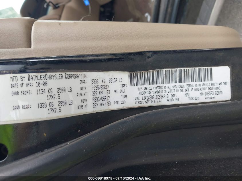 2001 Jeep Grand Cherokee Limited VIN: 1J4GX58S11C586019 Lot: 39818975