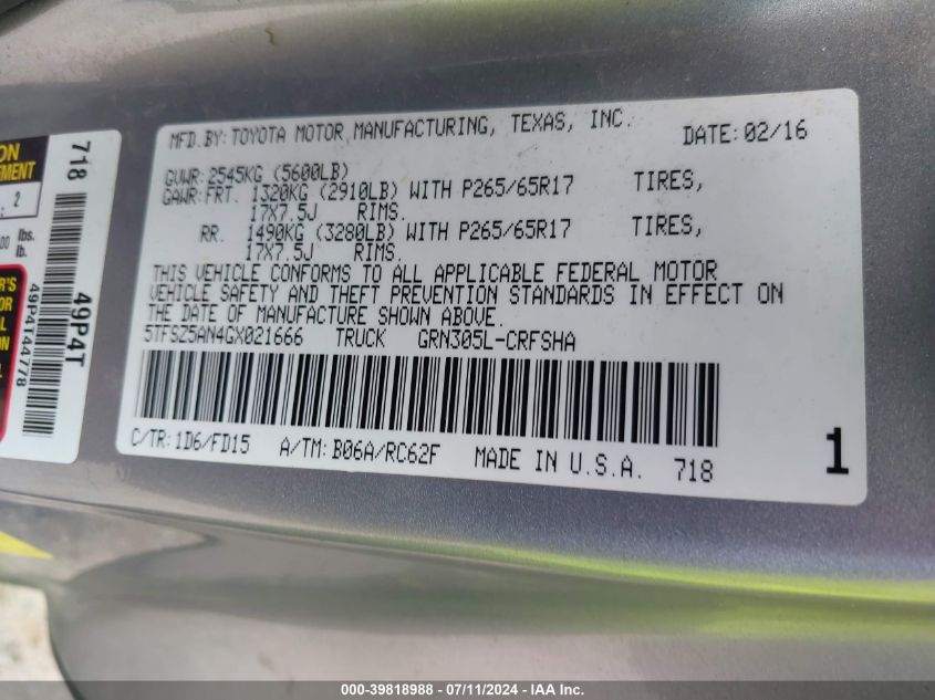 2016 Toyota Tacoma Trd Sport VIN: 5TFSZ5AN4GX021666 Lot: 39818988