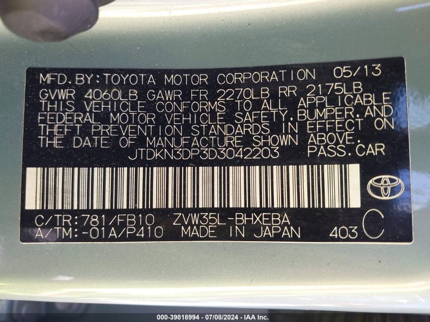 2013 Toyota Prius Plug-In VIN: JTDKN3DP3D3042203 Lot: 39818994