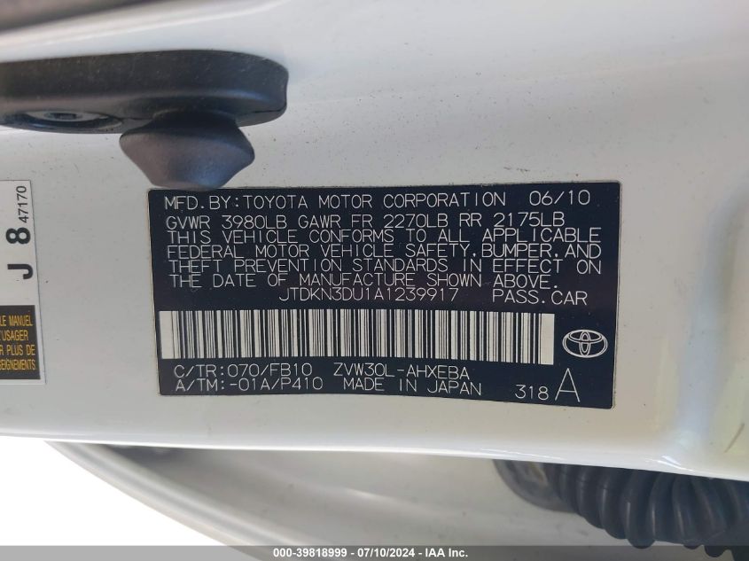 2010 Toyota Prius Iii VIN: JTDKN3DU1A1239917 Lot: 39818999