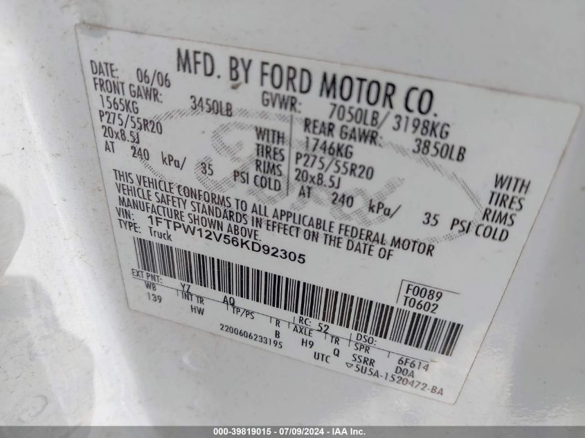 2006 Ford F-150 Lariat/Xlt VIN: 1FTPW12V56KD92305 Lot: 39819015