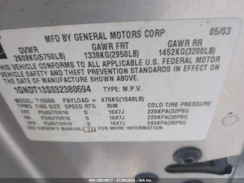 2003 Chevrolet Trailblazer Lt VIN: 1GNDT13S032380694 Lot: 39819017