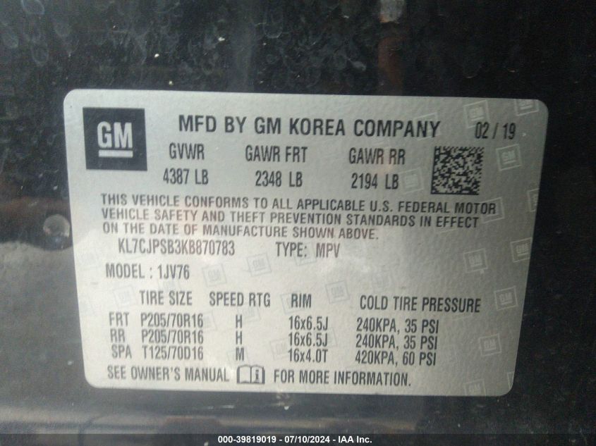 2019 Chevrolet Trax Lt VIN: KL7CJPSB3KB870783 Lot: 39819019