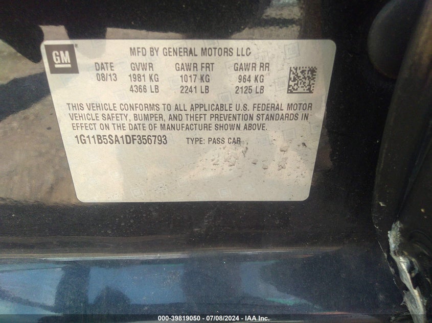 2013 Chevrolet Malibu 1Ls VIN: 1G11B5SA1DF356793 Lot: 39819050