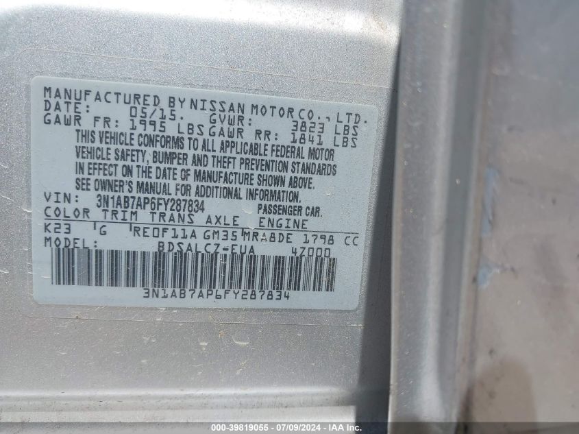 2015 Nissan Sentra S/Sv/Sr/Sl VIN: 3N1AB7AP6FY287834 Lot: 39819055