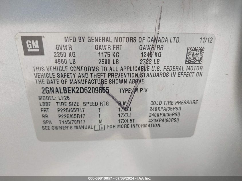 2013 Chevrolet Equinox Ls VIN: 2GNALBEK2D6209665 Lot: 39819057