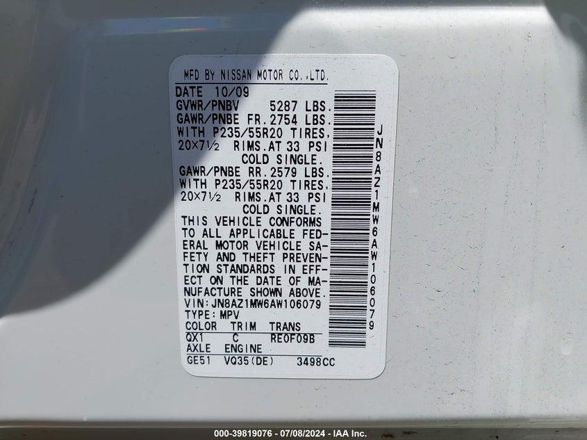 2010 Nissan Murano Le VIN: JN8AZ1MW6AW106079 Lot: 39819076