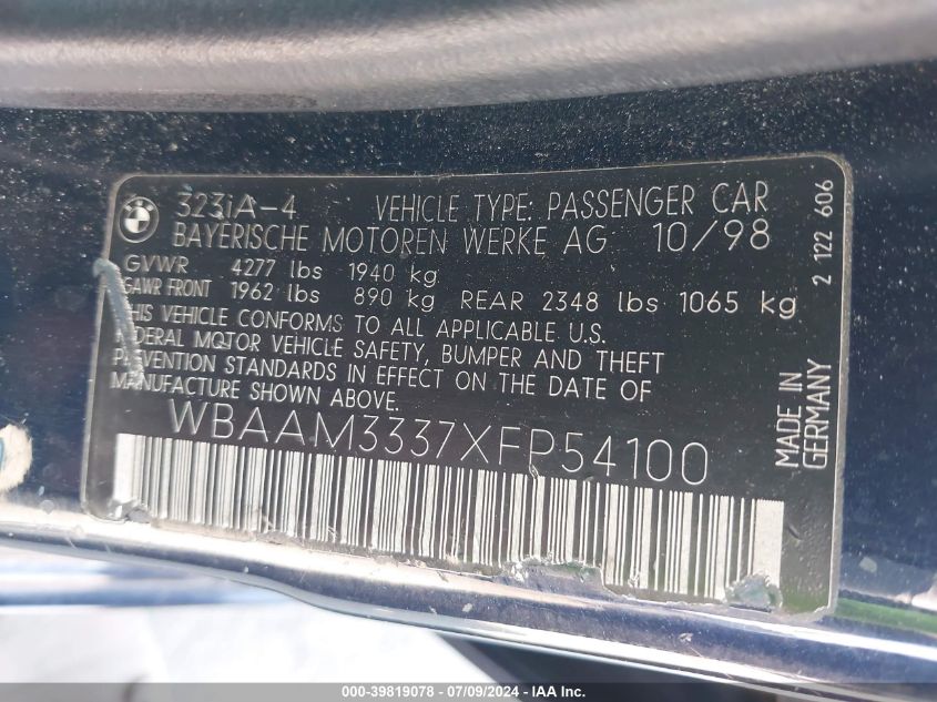 1999 BMW 323 I Automatic VIN: WBAAM3337XFP54100 Lot: 39819078