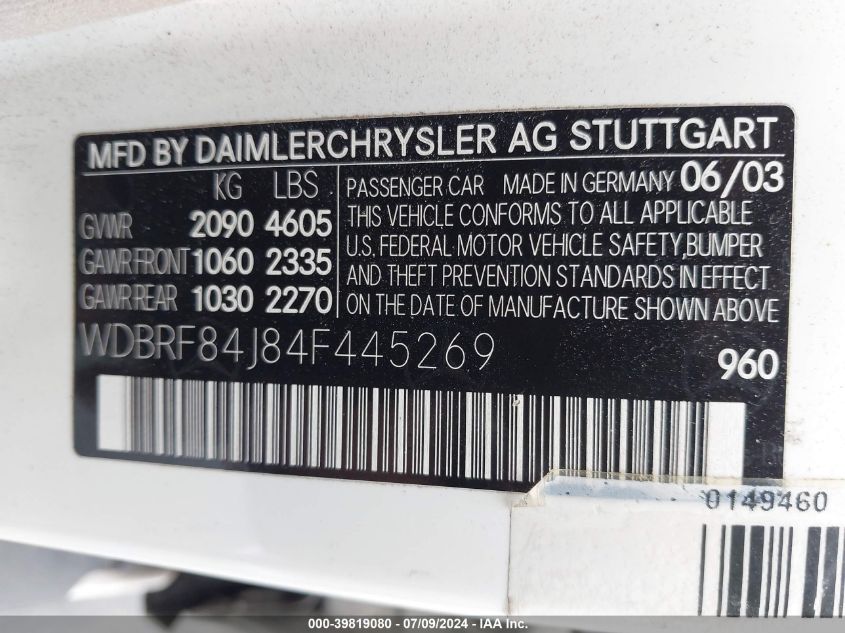 2004 Mercedes-Benz C 320 4Matic VIN: WDBRF84J84F445269 Lot: 39819080