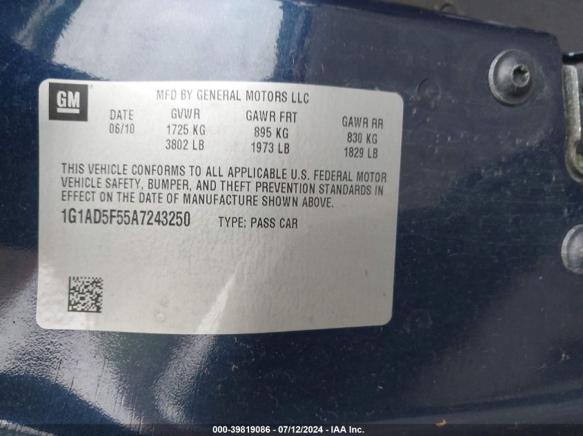2010 Chevrolet Cobalt Lt VIN: 1G1AD5F55A7243250 Lot: 39819086