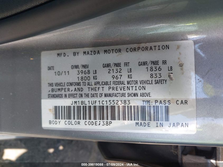 2012 Mazda Mazda3 I Sport VIN: JM1BL1UF1C1552383 Lot: 39819088