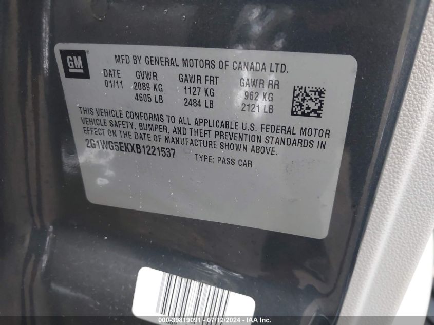 2011 Chevrolet Impala Lt VIN: 2G1WG5EKXB1221537 Lot: 39819091