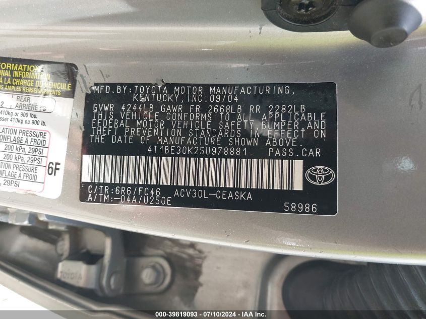 2005 Toyota Camry Se VIN: 4T1BE30K25U978881 Lot: 39819093