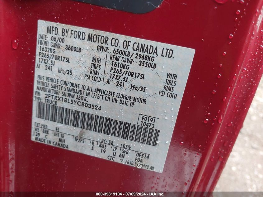 2000 Ford F-150 Lariat/Work Series/Xl/Xlt VIN: 2FTRX18L5YCB03524 Lot: 39819104