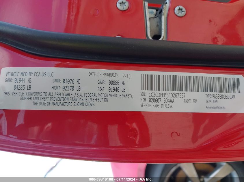 2015 Dodge Dart Gt VIN: 1C3CDFEB5FD267557 Lot: 39819108