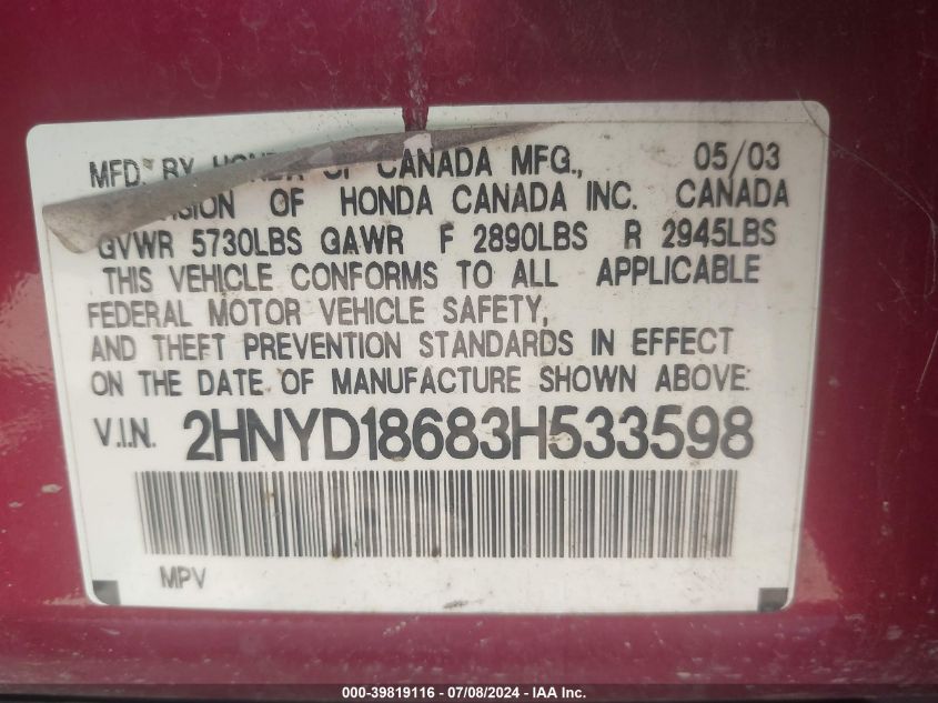 2003 Acura Mdx VIN: 2HNYD18683H533598 Lot: 39819116