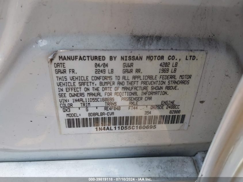 2005 Nissan Altima S/Sl VIN: 1N4AL11D55C160695 Lot: 39819118