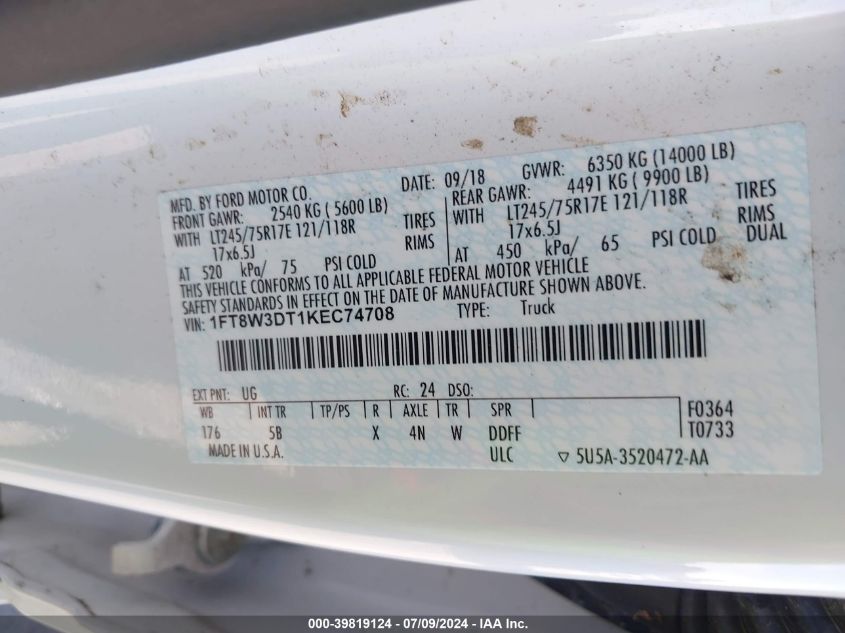 2019 Ford F350 Super Duty VIN: 1FT8W3DT1KEC74708 Lot: 39819124