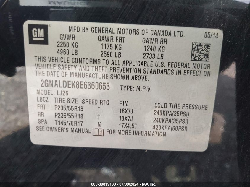 2014 Chevrolet Equinox Ltz VIN: 2GNALDEK8E6360653 Lot: 39819130