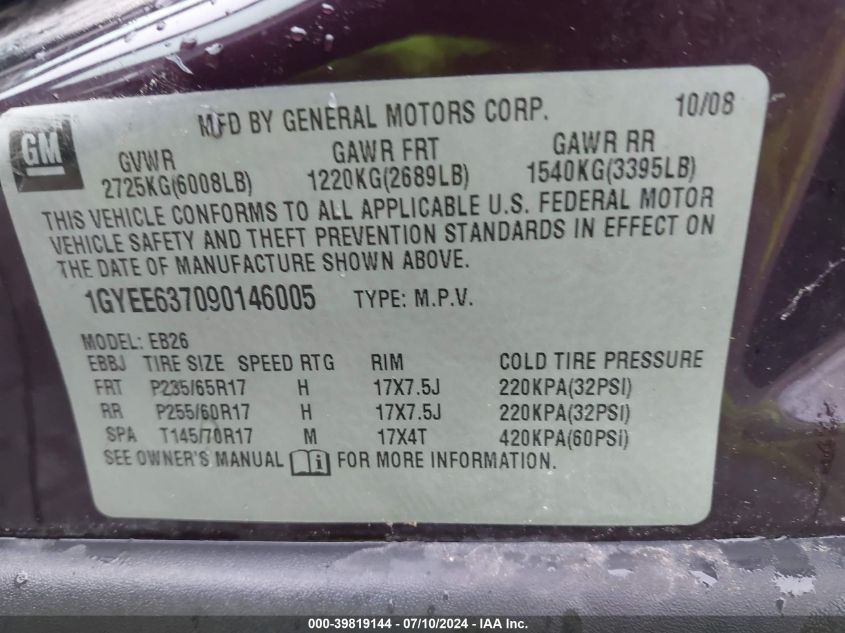 2009 Cadillac Srx V6 VIN: 1GYEE637090146005 Lot: 39819144