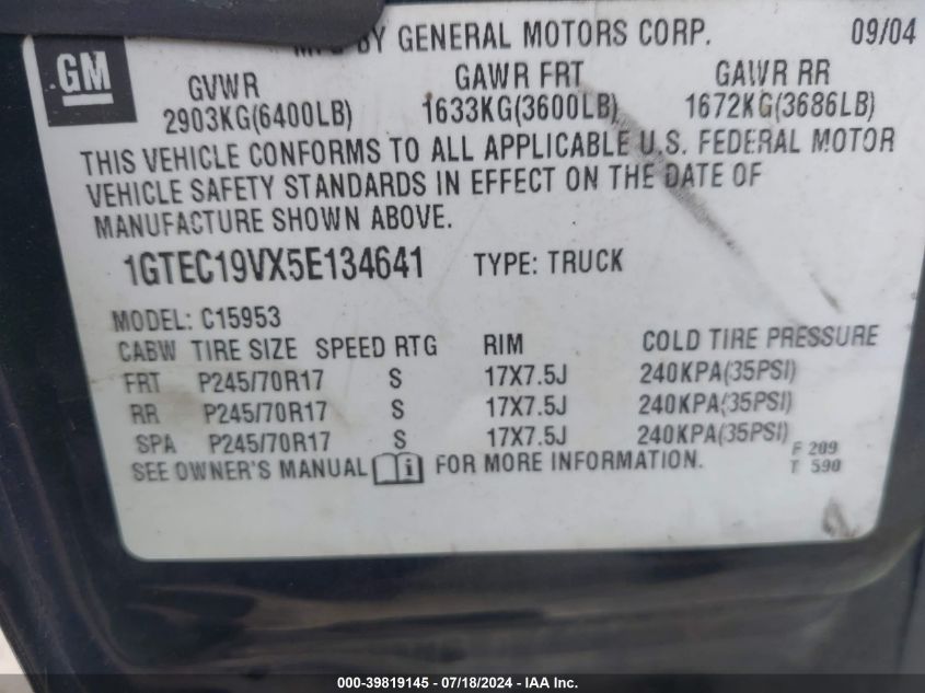 2005 GMC Sierra 1500 Sle VIN: 1GTEC19VX5E134641 Lot: 39819145