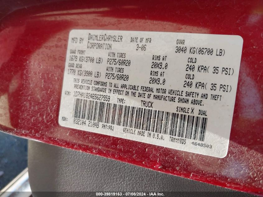 2006 Dodge Ram 1500 Slt VIN: 1D7HA18246S627959 Lot: 39819163