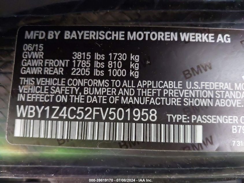 2015 BMW I3 Base W/Range Extender VIN: WBY1Z4C52FV501958 Lot: 39819170