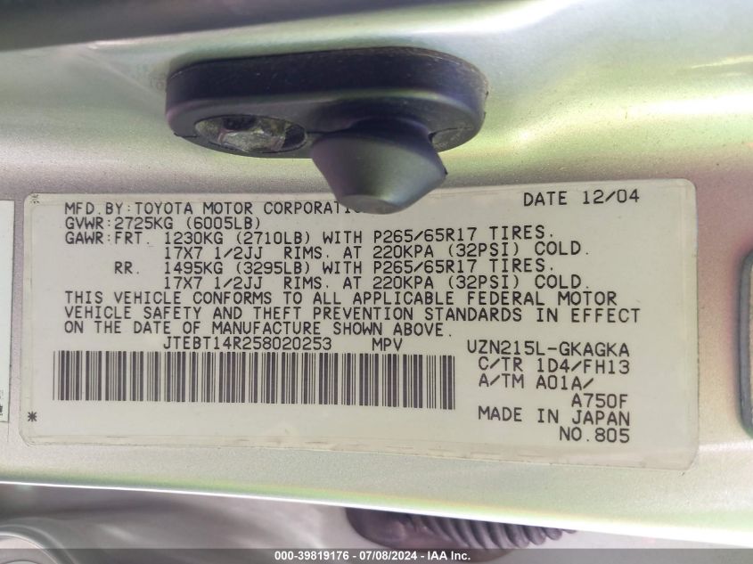2005 Toyota 4Runner Sr5 Sport V8 VIN: JTEBT14R258020253 Lot: 39819176