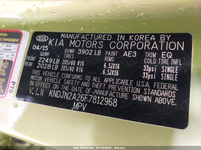 2015 Kia Soul VIN: KNDJN2A26F7812968 Lot: 39819184