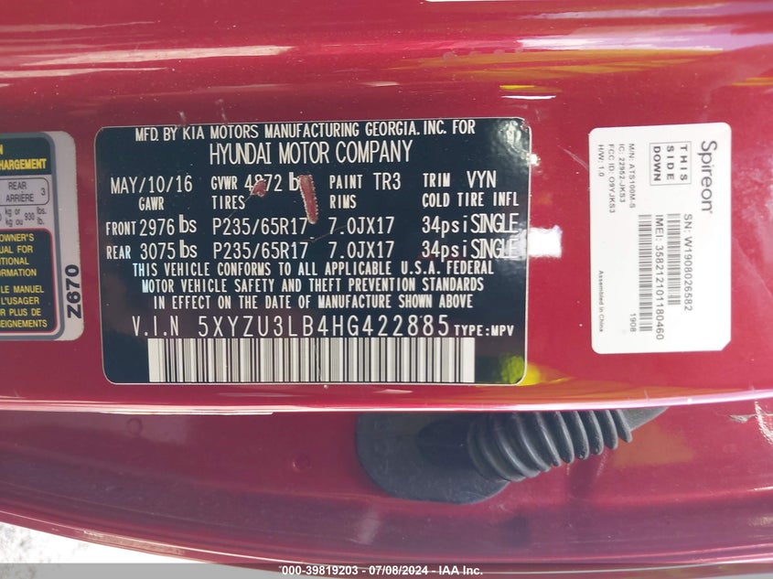 2017 Hyundai Santa Fe Sport 2.4L VIN: 5XYZU3LB4HG422885 Lot: 39819203