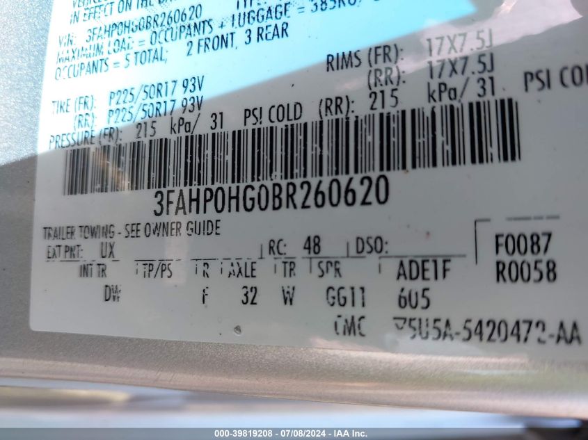 2011 Ford Fusion Se VIN: 3FAHP0HG0BR260620 Lot: 39819208